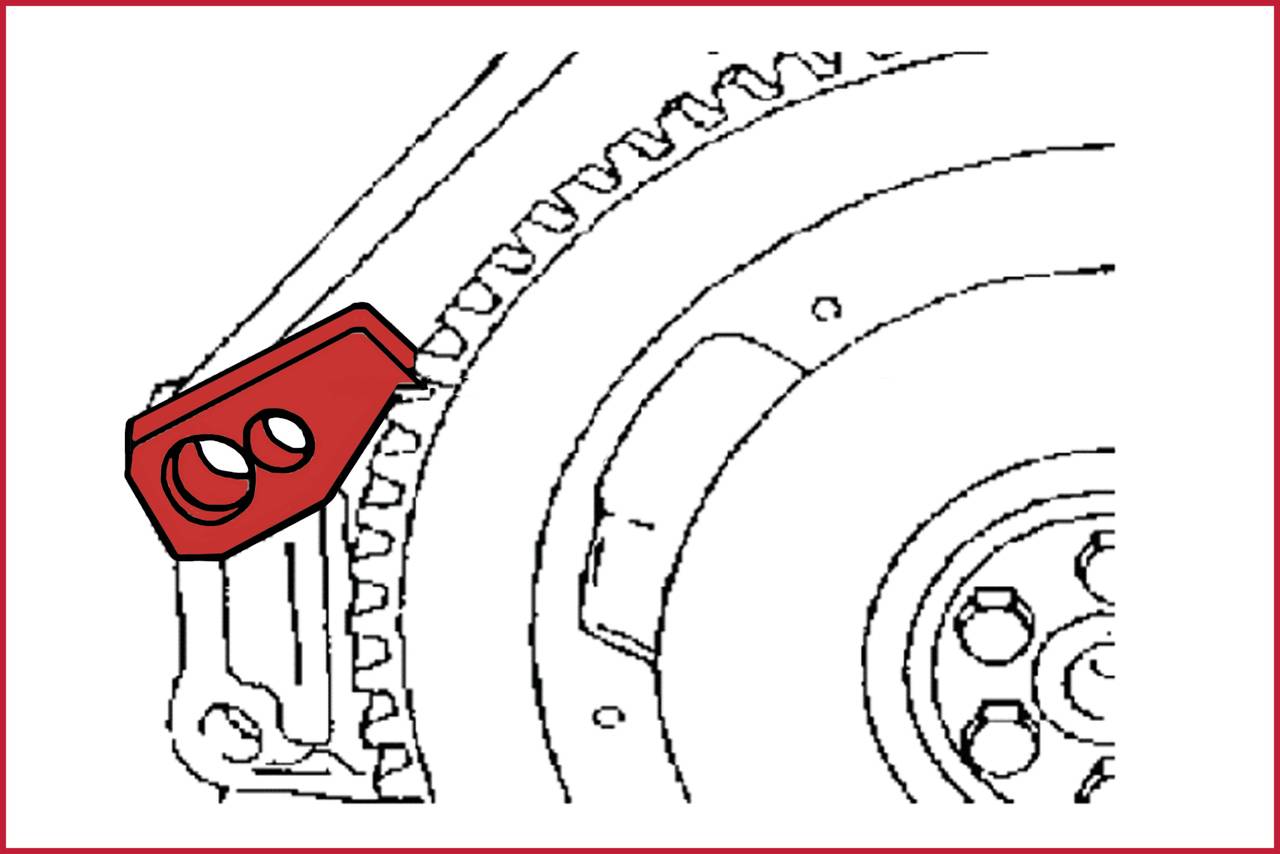 Eine technische Zeichnung zeigt ein rot markiertes Zahnrad und einen Mechanismus, der in ein größeres Zahnrad eingreift.