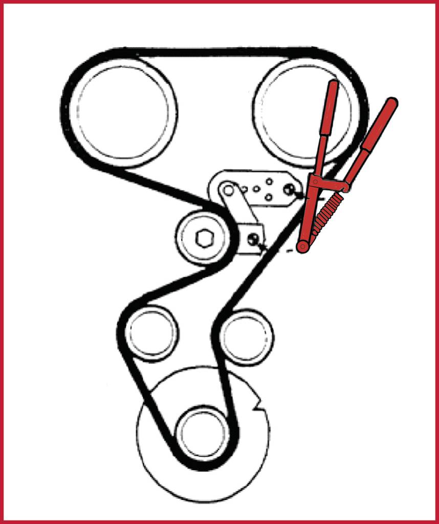 Schema einer Motorriemenanordnung mit roten Zangenwerkzeug, das einen Keilriemen löst. Hauptrollen und Spannrollen sind erkennbar.