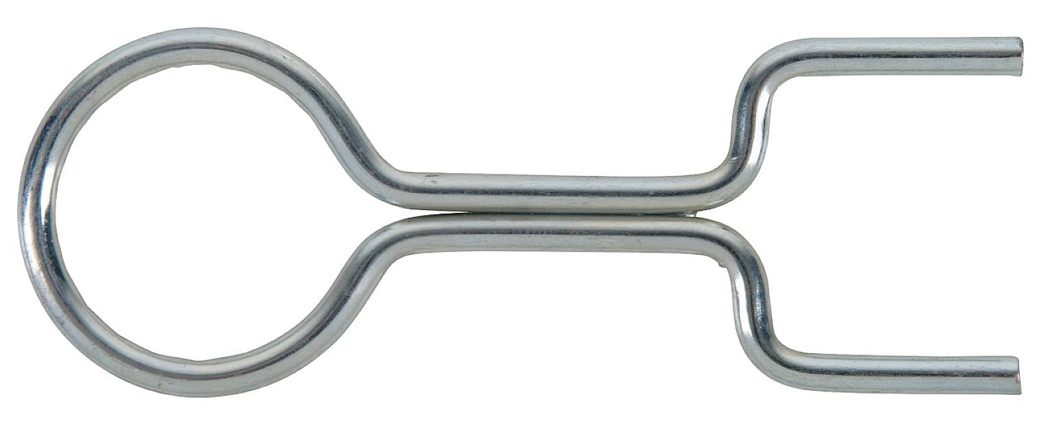 Metallclip in Form eines offenen Kreises mit zwei gegenüberliegenden Haken. Wird zur Befestigung von zwei Teilen verwendet.