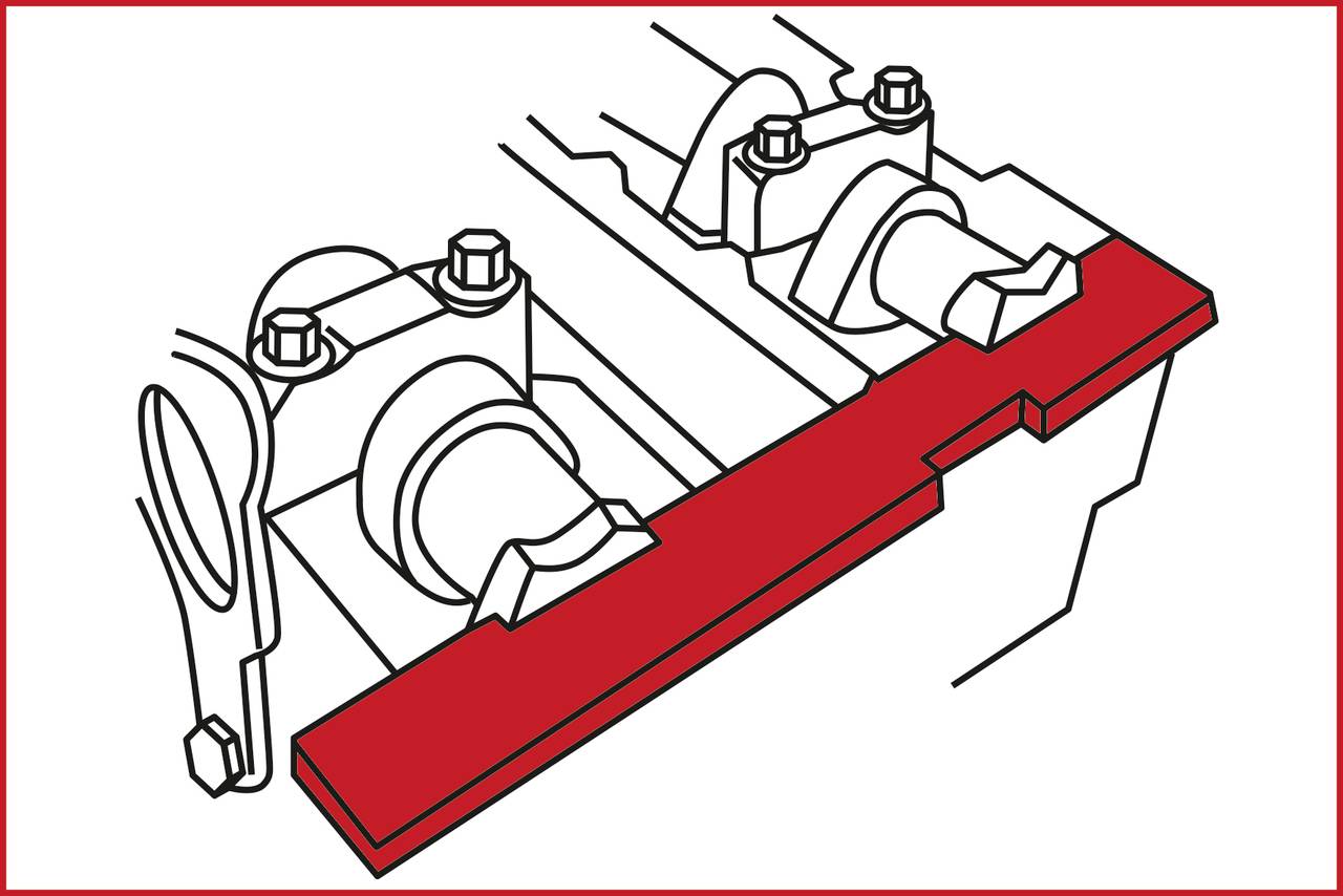 Illustration eines mechanischen Teils mit hervorgehobenem roten Bereich. Zeigt Schrauben, Bolzen und eine Verbindungskomponente.