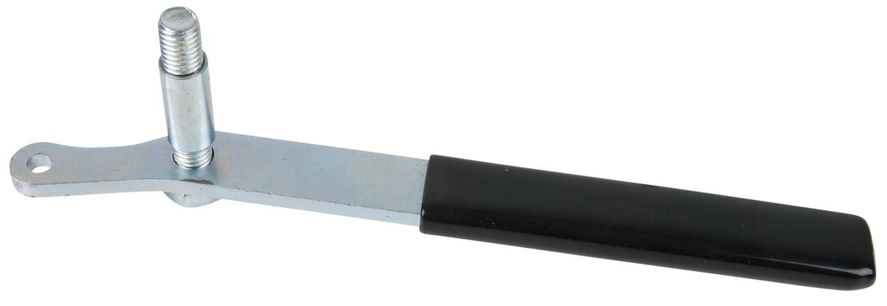 Eine silberne Metallschiene mit einem schwarzen Griff und einem hervorstehenden Schraubengewinde an einem Ende.