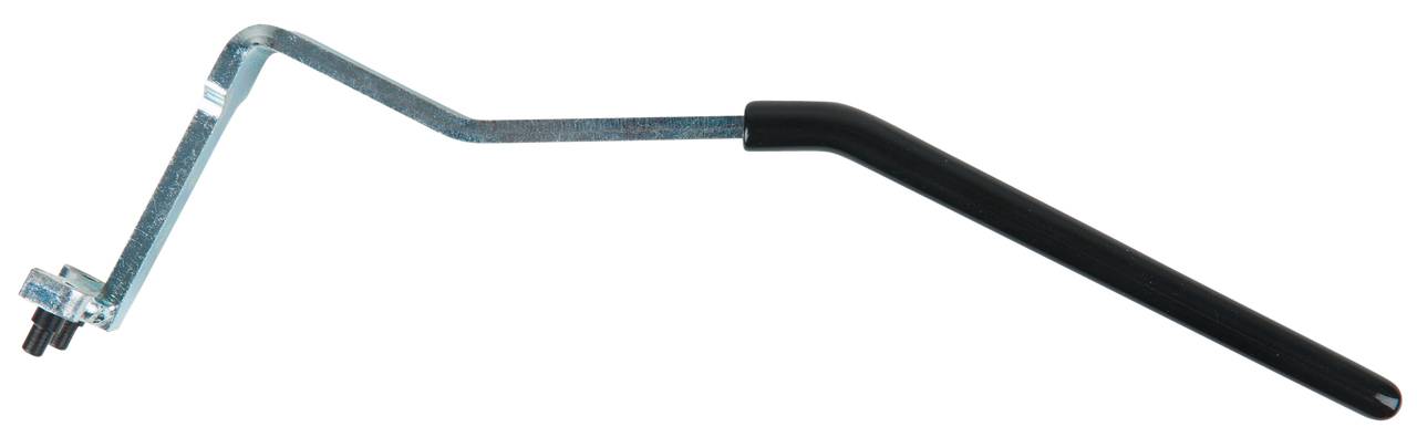 Kurbelgriff mit Metallarm und schwarzem Griffstück. Verwendet zum Bedienens eines mechanischen Geräts oder einer Maschine.