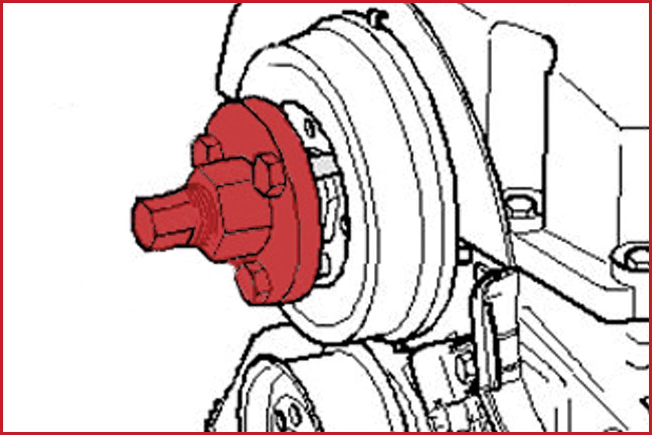 Zahnradmechanismus mit rotem Rad. Markiert als wichtiger Bestandteil für Montage oder Reparaturanleitung. Technisches Diagramm.