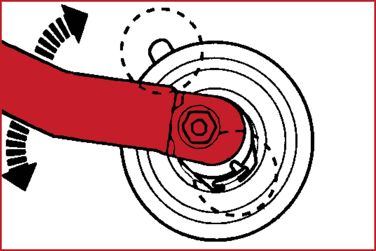 Illustration eines Kreissägeblatts, das mit einem Schraubenschlüssel bewegt wird; Pfeile zeigen die Bewegungsrichtung an.