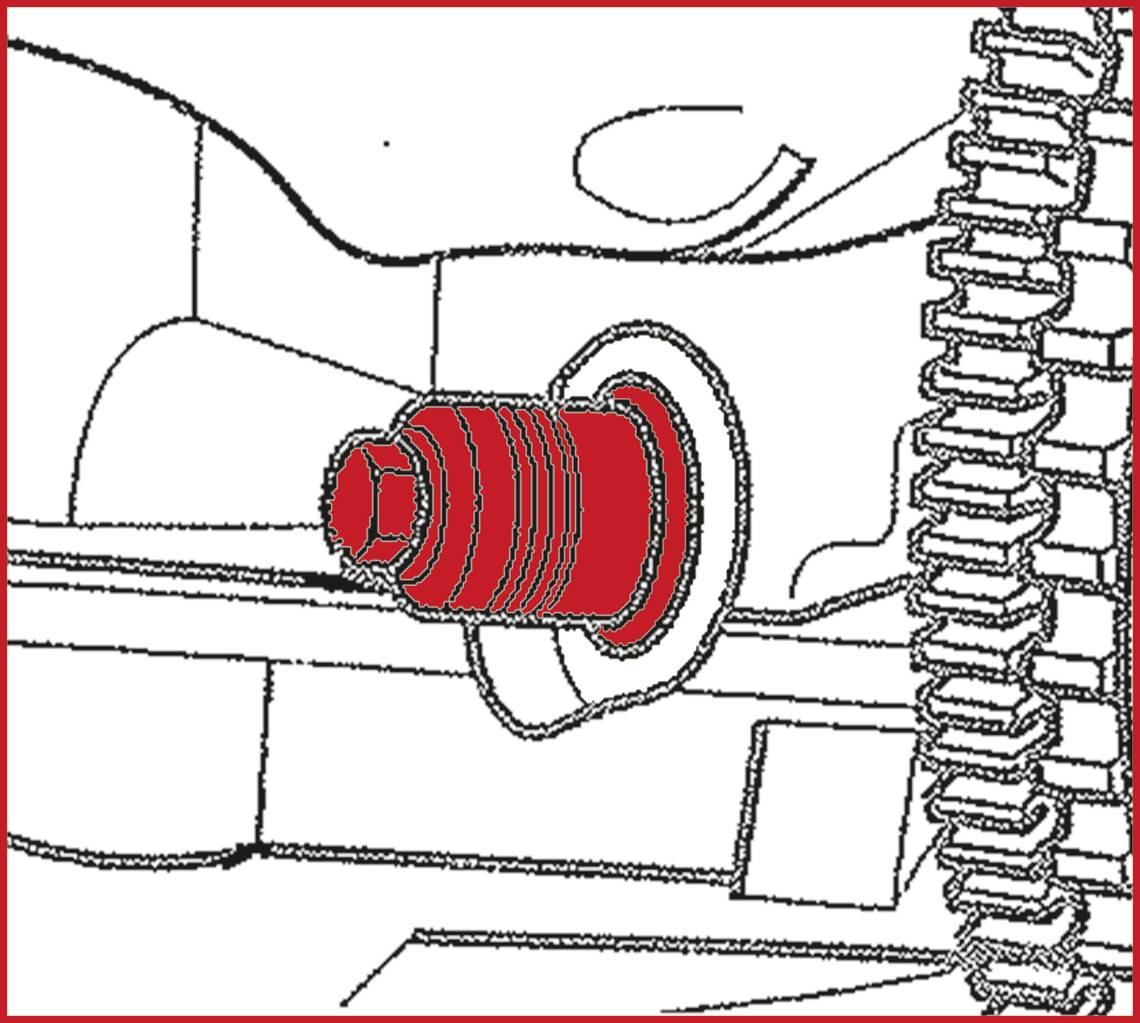 Technische Zeichnung einer roten Schraube in einem mechanischen System. Links zeigt Zahnräder im Profil.