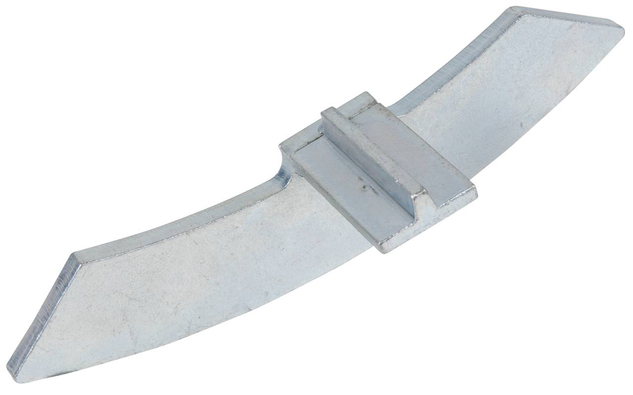 Ein silbernes, metallisches Gewicht mit rechteckigem Mittelteil und abgeschrägten Enden, das in Felgen von Fahrzeugen verwendet wird.