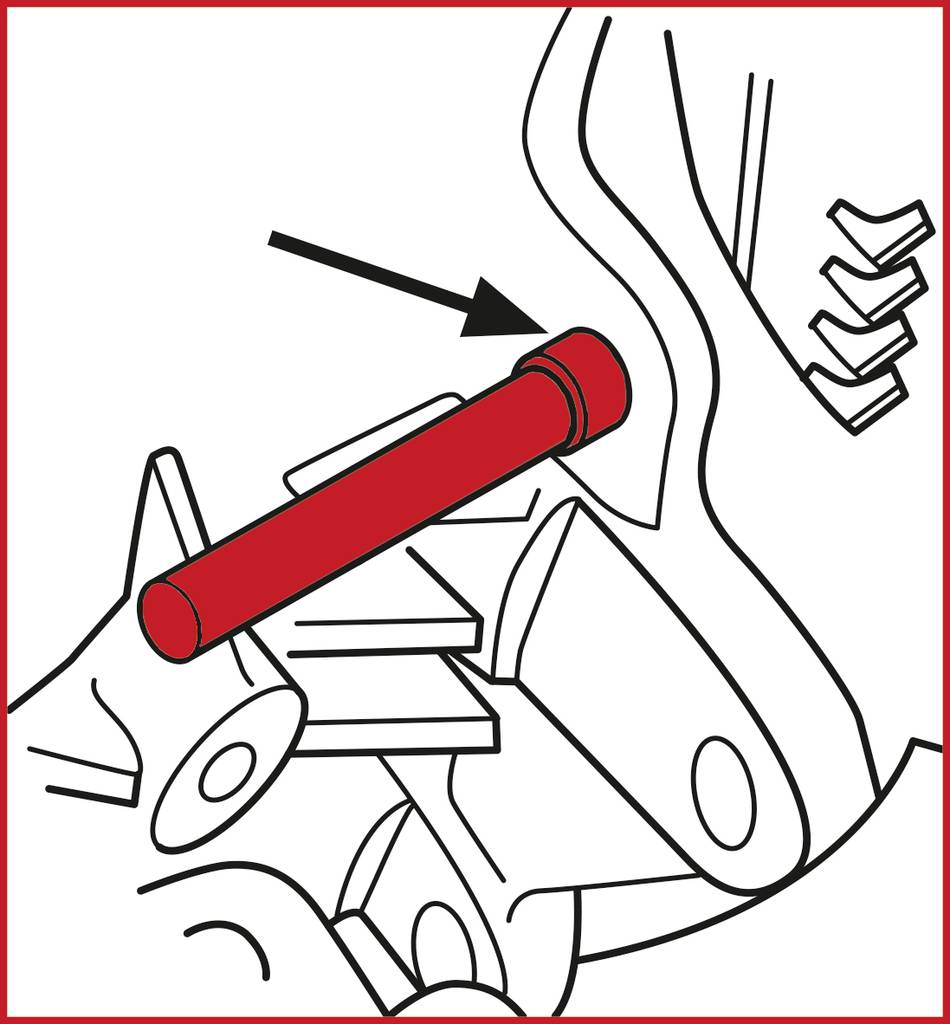 Ein roter Bolzen wird mit einem Pfeil markiert, der seine Einfügestelle in einem mechanischen Gerät zeigt. Schaltmechanismus rechts sichtbar.