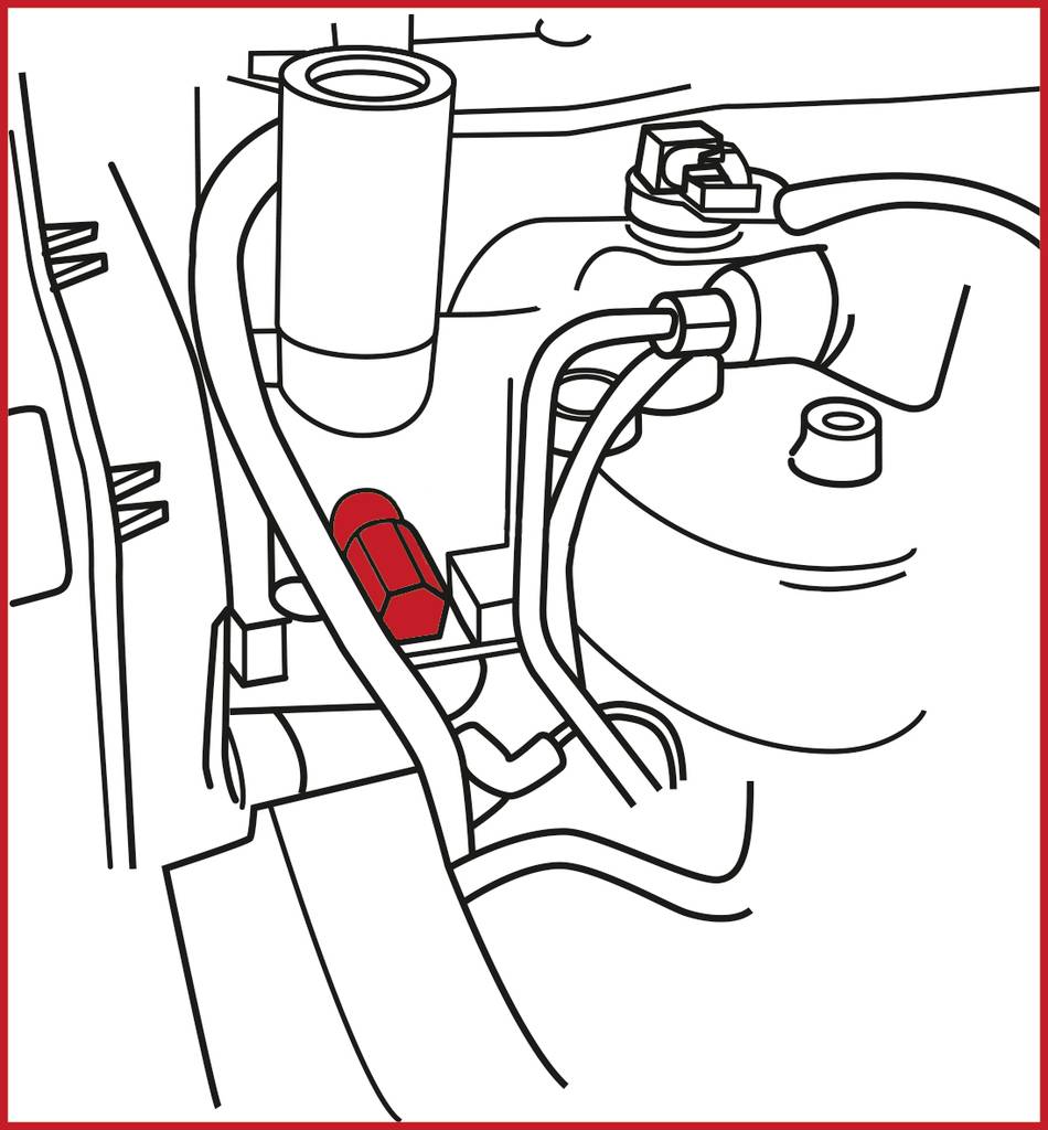 Lineare Zeichnung eines Motorraums mit einem hervorgehobenen roten Bauteil.
