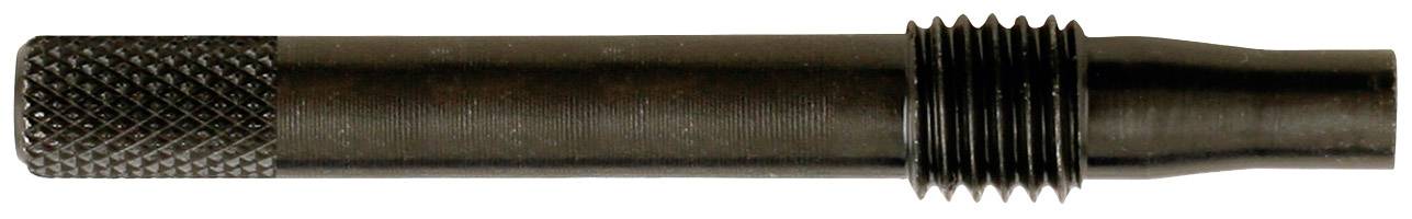 Schwarzes, zylindrisches Metallteil mit geriffeltem Griff und Gewinde. Könnte Teil eines Werkzeugs oder Geräts sein.