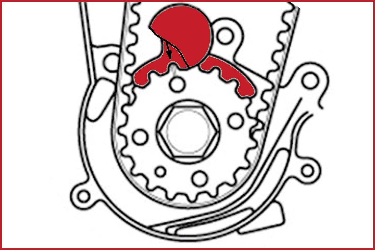 Ein Mechanismus mit einem großen Zahnrad und einem kleineren, rot hervorgehobenen Teil, das möglicherweise eine Funktion oder Richtung zeigt.
