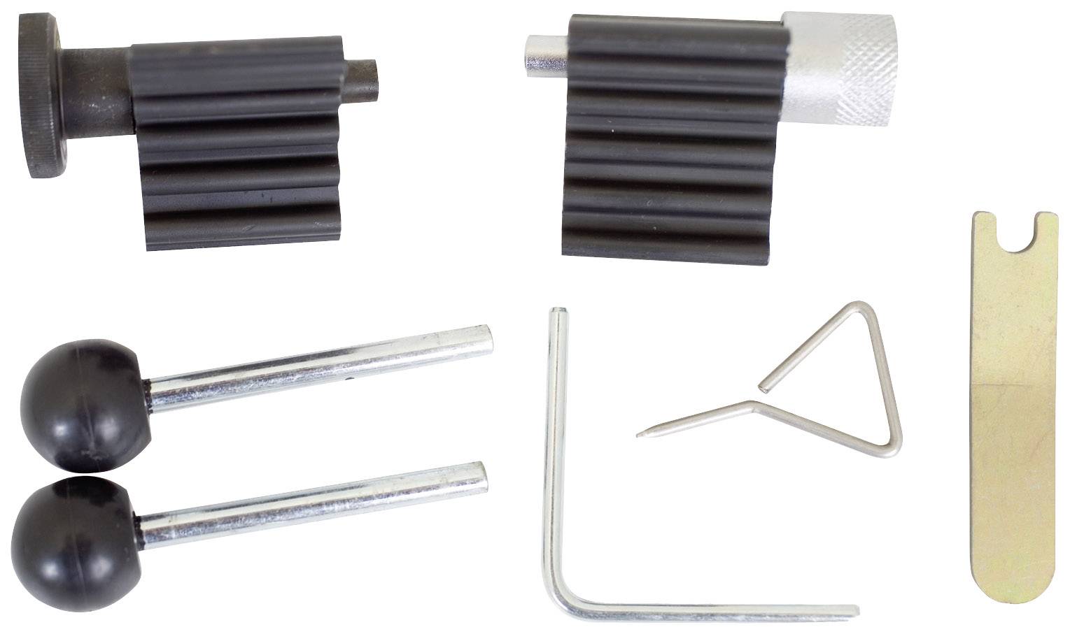 Ein Reparaturset mit zwei schwarzen Spannrollen, zwei Metallstiften, einem L-förmigen Schlüssel, einem dreieckigen Werkzeug und einer flachen Metallplatte.