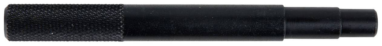 Ein schwarzer, zylindrischer Metallstift mit einer geriffelten Grifffläche auf der linken Seite.