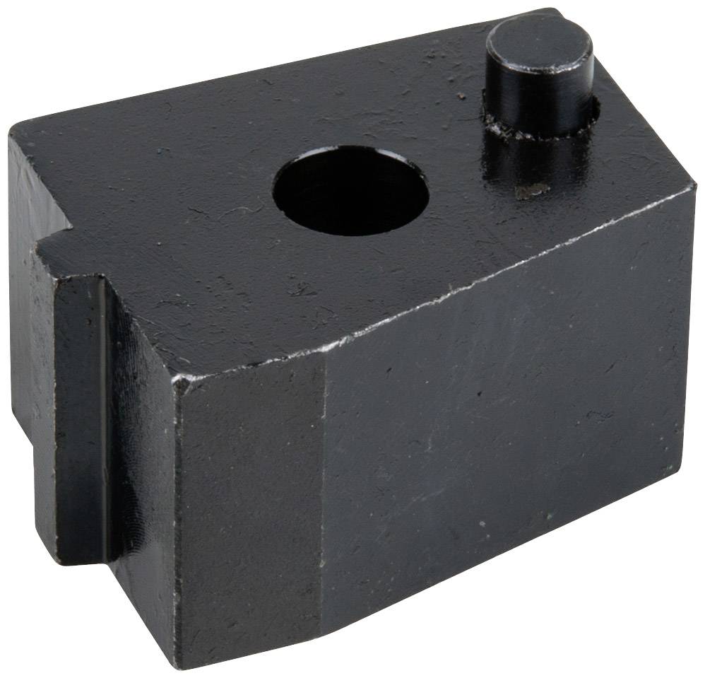 Schwarzes Metallteil mit rechteckiger Form, einem Loch in der Mitte und einem kleinen erhöhten Zylinder auf der Oberfläche.