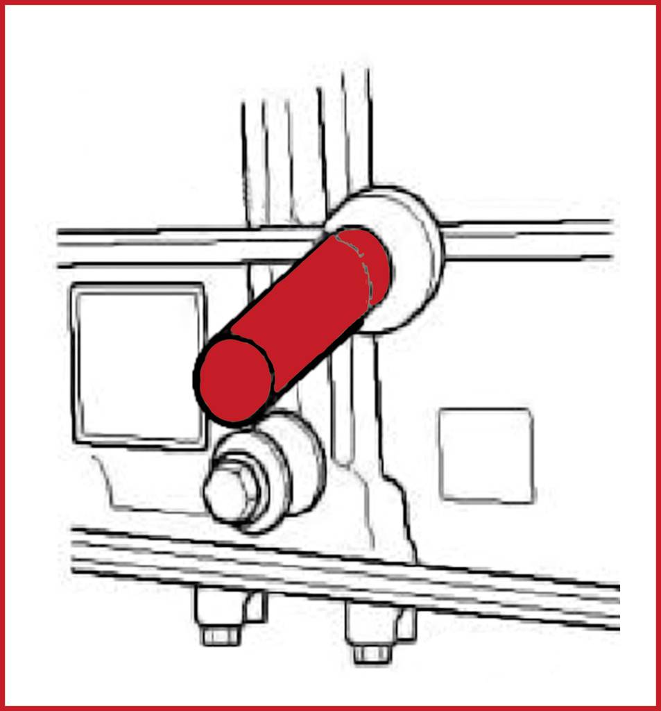 Diagramm eines Ventils mit einem roten Hebel in der Mitte, das Teil eines Rohrleitungssystems ist. Der Hebel zeigt nach rechts.