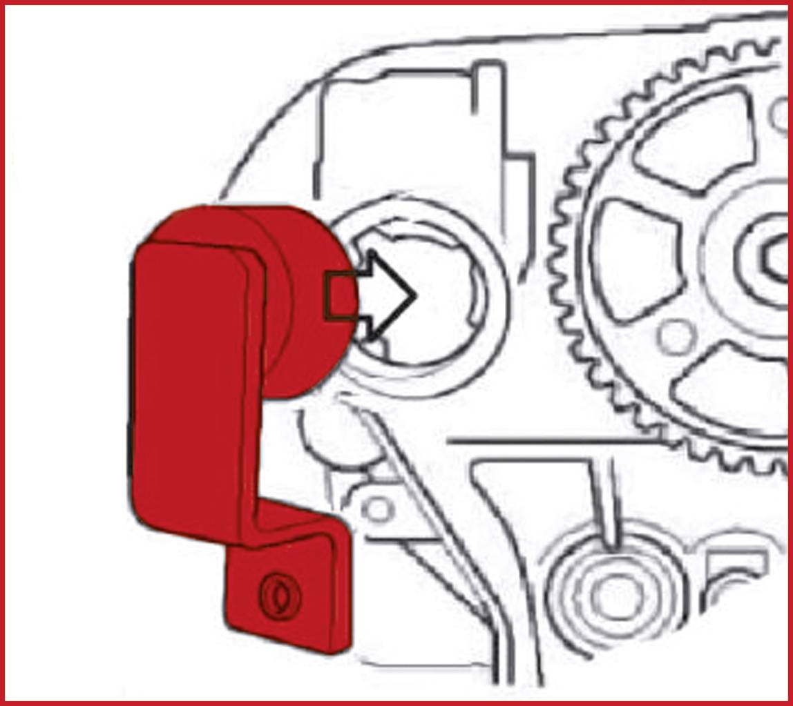 Illustration eines Zahnriemenspanners in einem Motor. Der Spanner ist rot hervorgehoben und zeigt auf eine Position mit einem Pfeil.