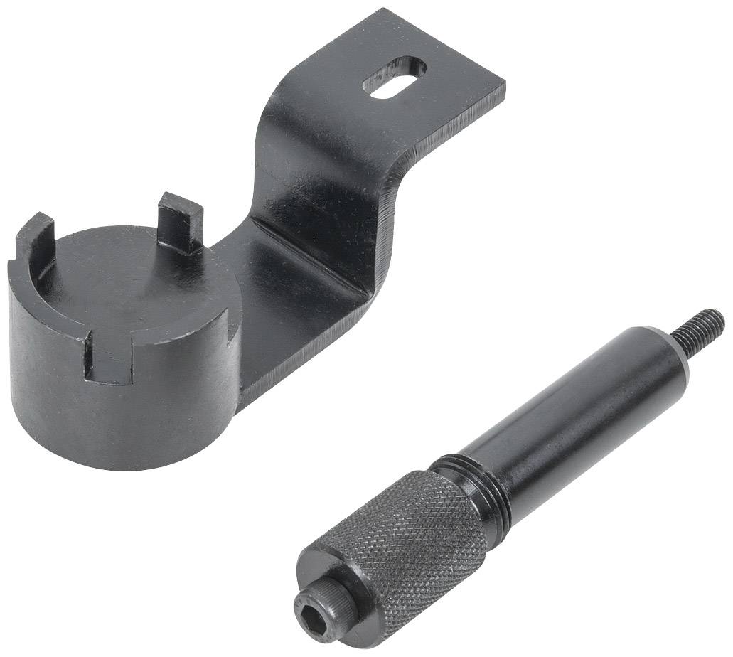Zwei schwarze Metallwerkzeuge: Einer mit gebogenem Haken und einem zylindrischen Ende, der andere ein kurzer Stift mit gerändeltem Griff.