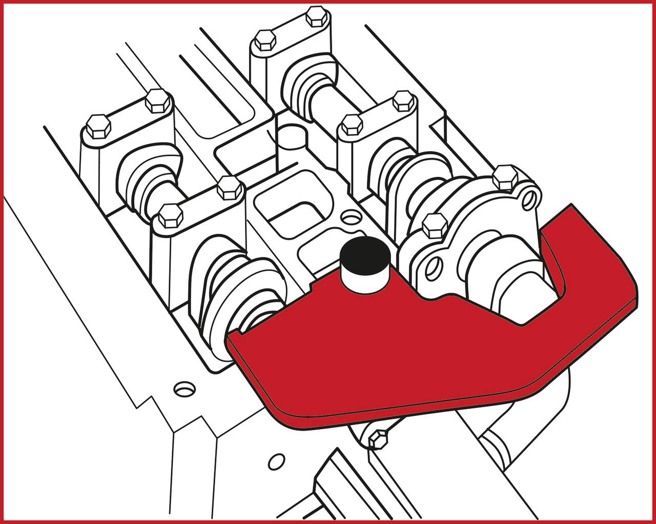 Illustration eines Motorteils mit hervorstehender Nockenwelle. Ein rotes Bauteil markiert einen Abschnitt der Nockenwelle.