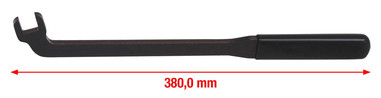 Ein langer Schraubenschlüssel mit einem Griff und einem U-förmigen Ende, Länge 380,0 mm, dargestellt durch einen roten Doppelpfeil.