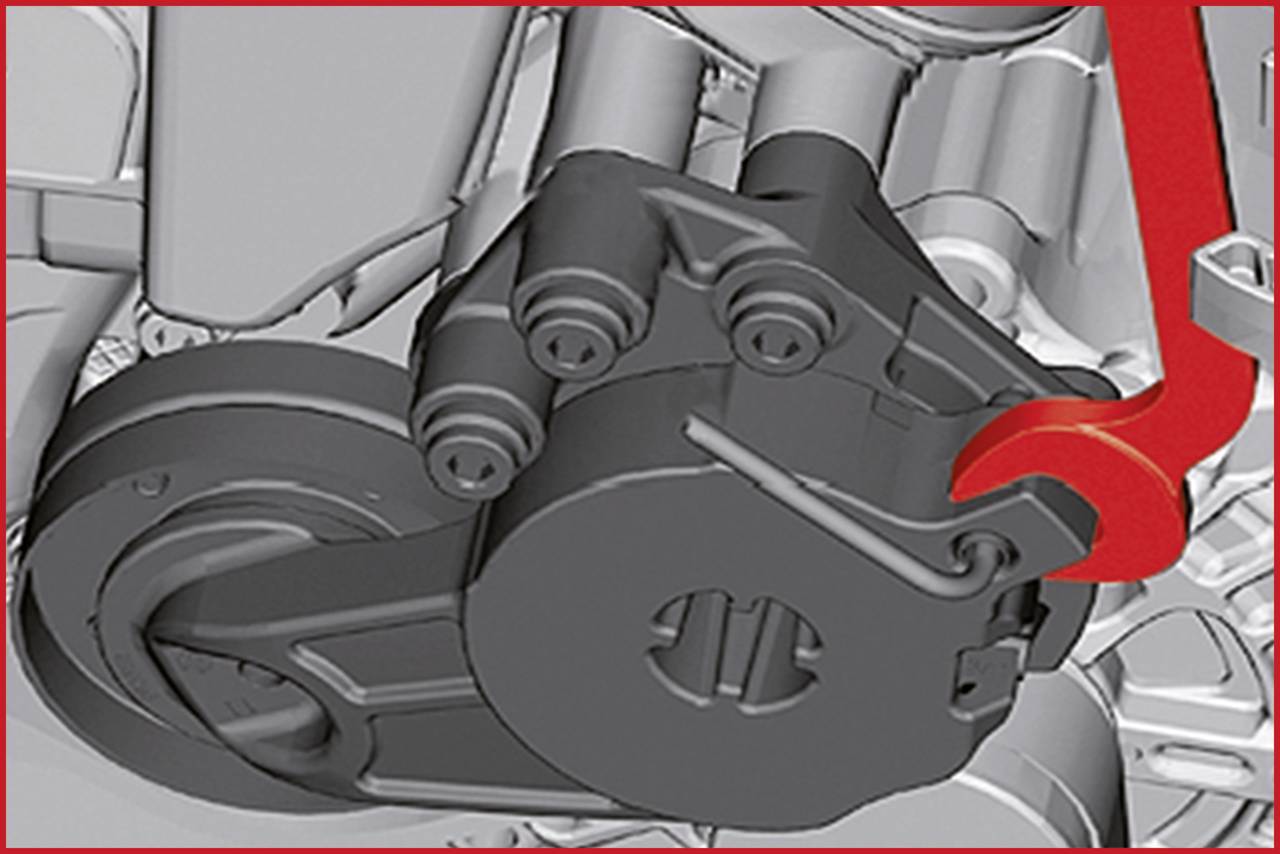 Motorbauteil-Rendering in Grautönen mit roten Highlights zur Hervorhebung bestimmter Mechanismen in einem technischen Kontext.
