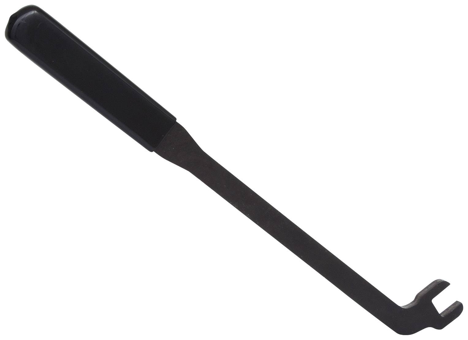 Ein schwarzes Werkzeug mit einem Griff und einem Metallhaken am Ende, das zum Entfernen von Kappen oder Abdeckungen verwendet wird.