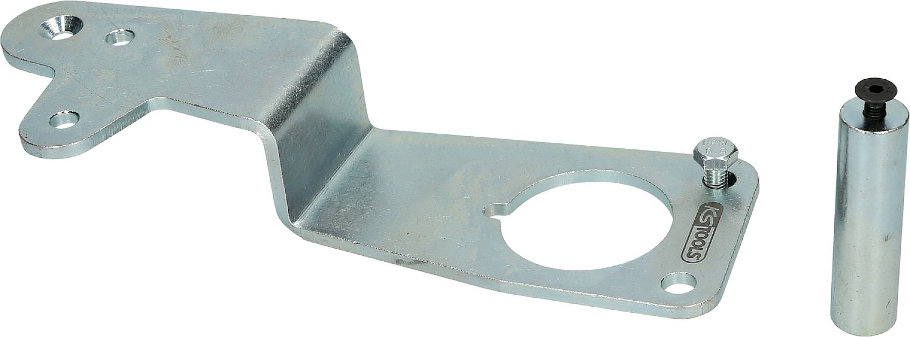 Metallische Halterung mit flacher Basis und rechteckiger Erhöhung; daneben ein zylindrischer Bolzen. Vermutlich ein Autowerkzeug.