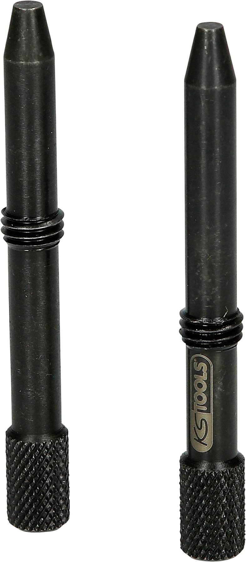 Zwei schwarze Zentrierstifte aus Metall mit gerändeltem Griff und logoaufdruck, von KS Tools.
