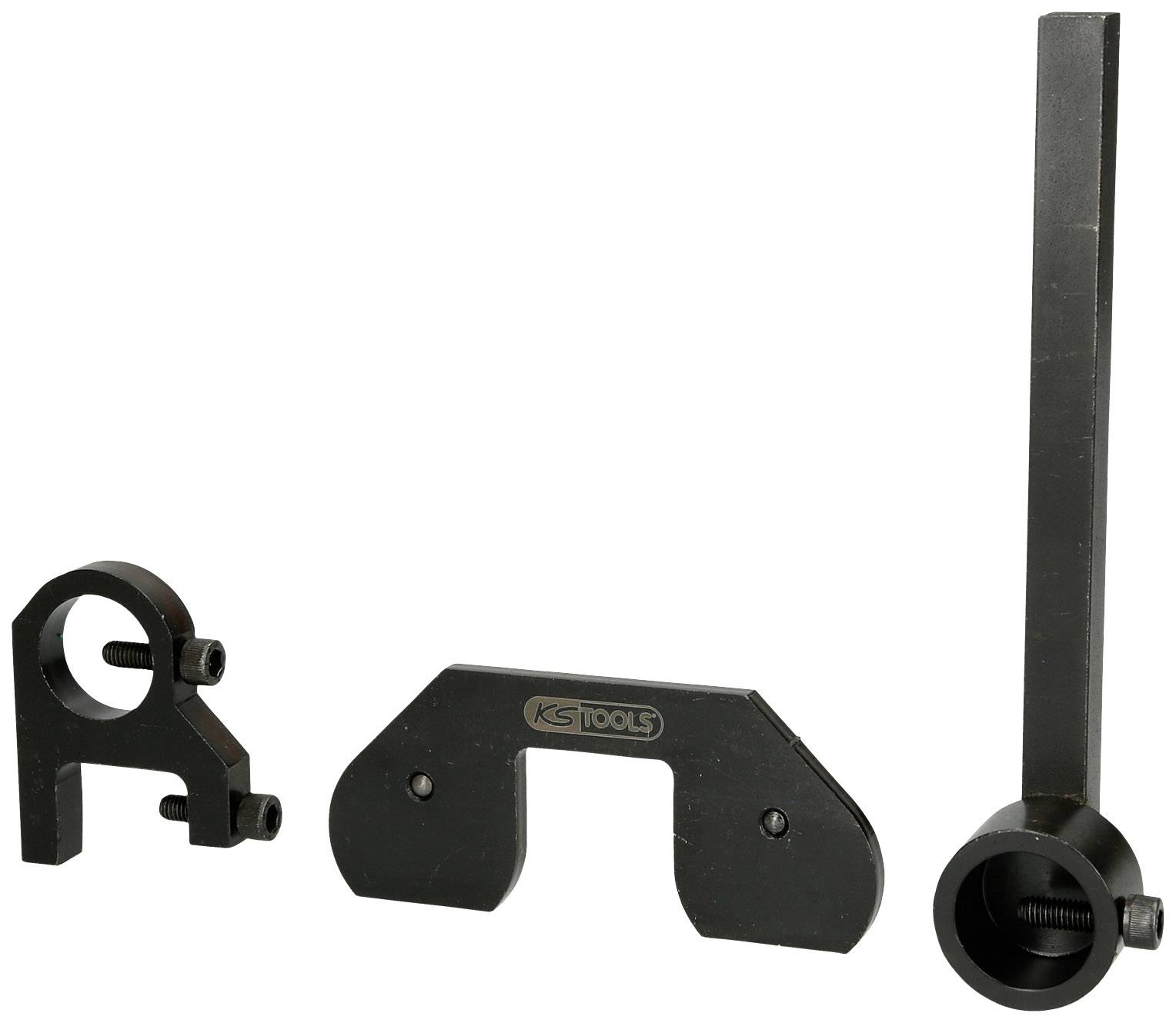 Drei schwarze Werkzeugteile: links eine Halterung, in der Mitte ein Verbinder mit 'KS Tools'-Logo, rechts ein langer, rechteckiger Stab.