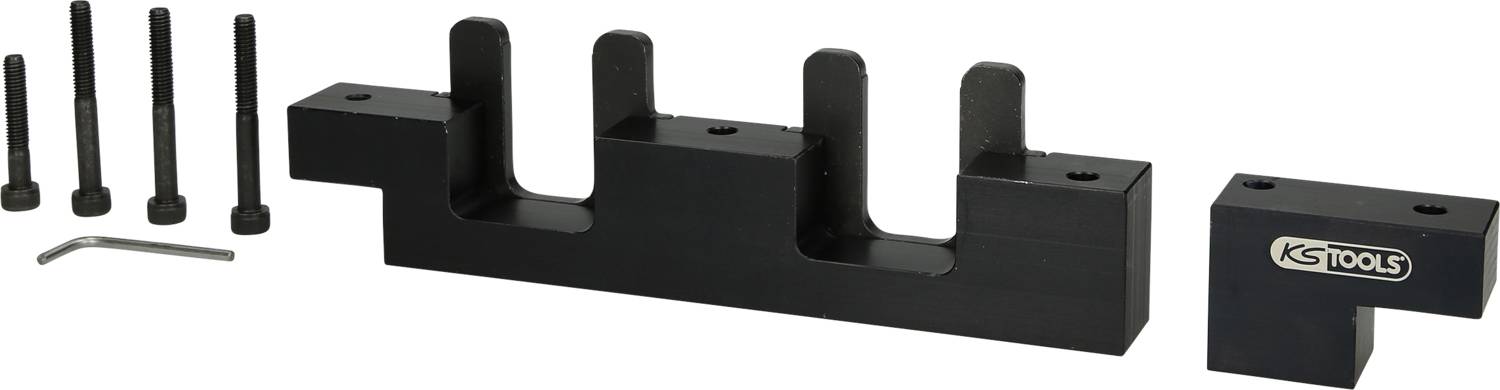 Schwarzes Werkzeugset mit Schrauben und Winkelschlüssel, bestehend aus einer Halterung und einem Block, auf einer weißen Oberfläche.