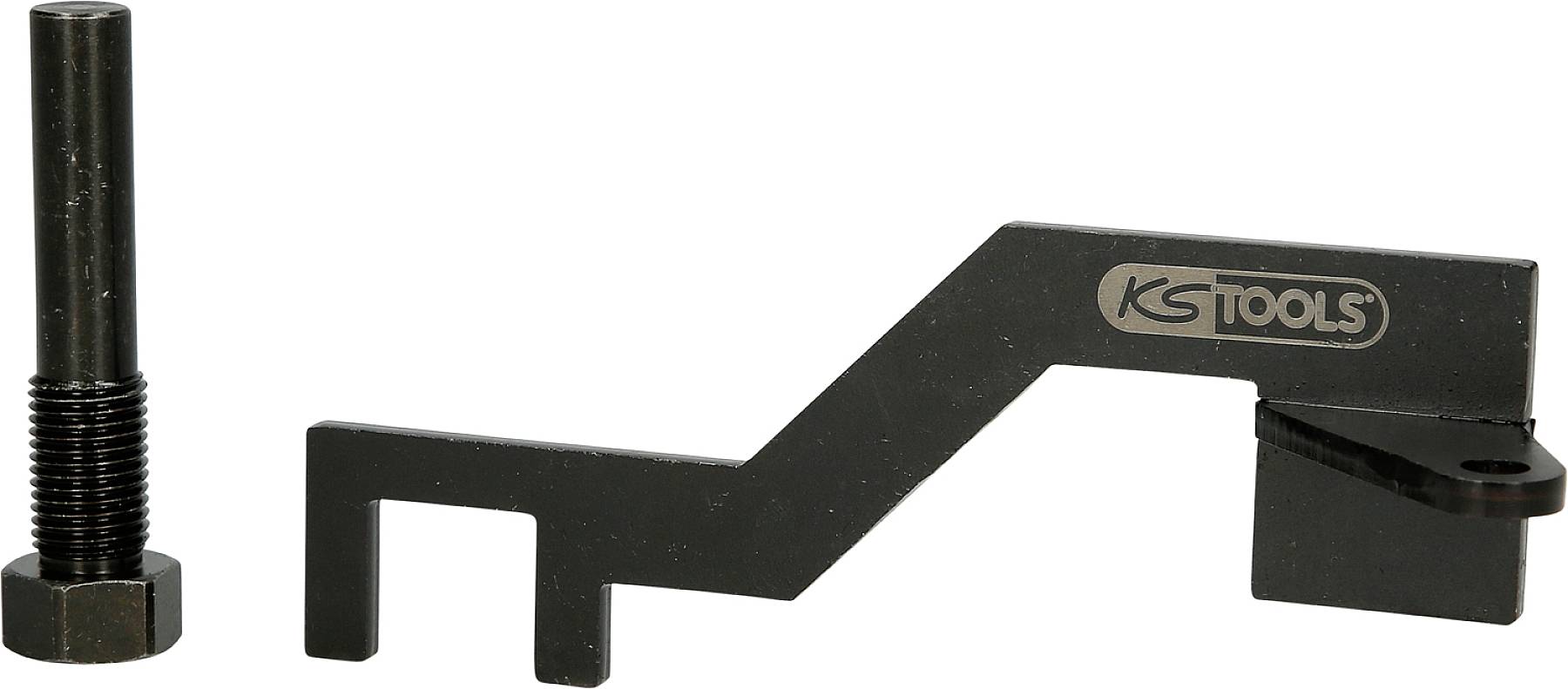 Spezialwerkzeug von KS Tools mit zwei Metallteilen: ein langer Bolzen mit Mutter und eine gebogene Halterung mit Logoaufdruck.