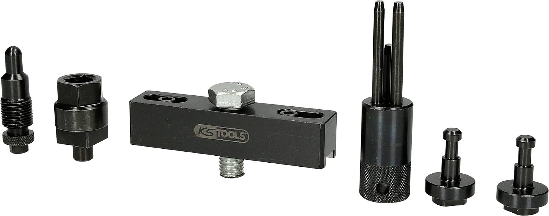 Kfz-Spezialwerkzeug-Set zur Montage/Demontage von Diesel-Injektoren. Enthält diverse Adapter und Werkzeuge, beschriftet mit 'KS Tools'.