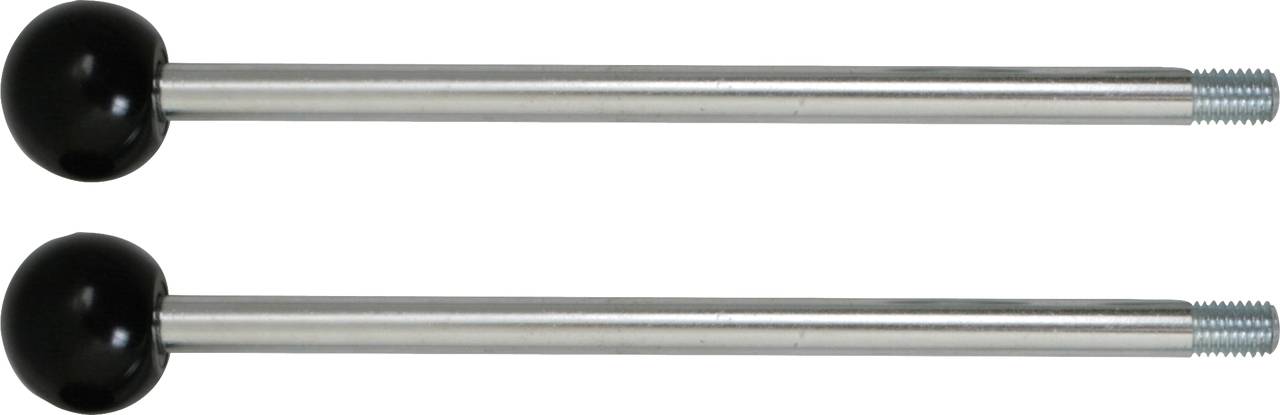 Zwei lange Metallstangen mit schwarzen Kugelköpfen und Schraubgewinden an einem Ende, parallel nebeneinander liegend.