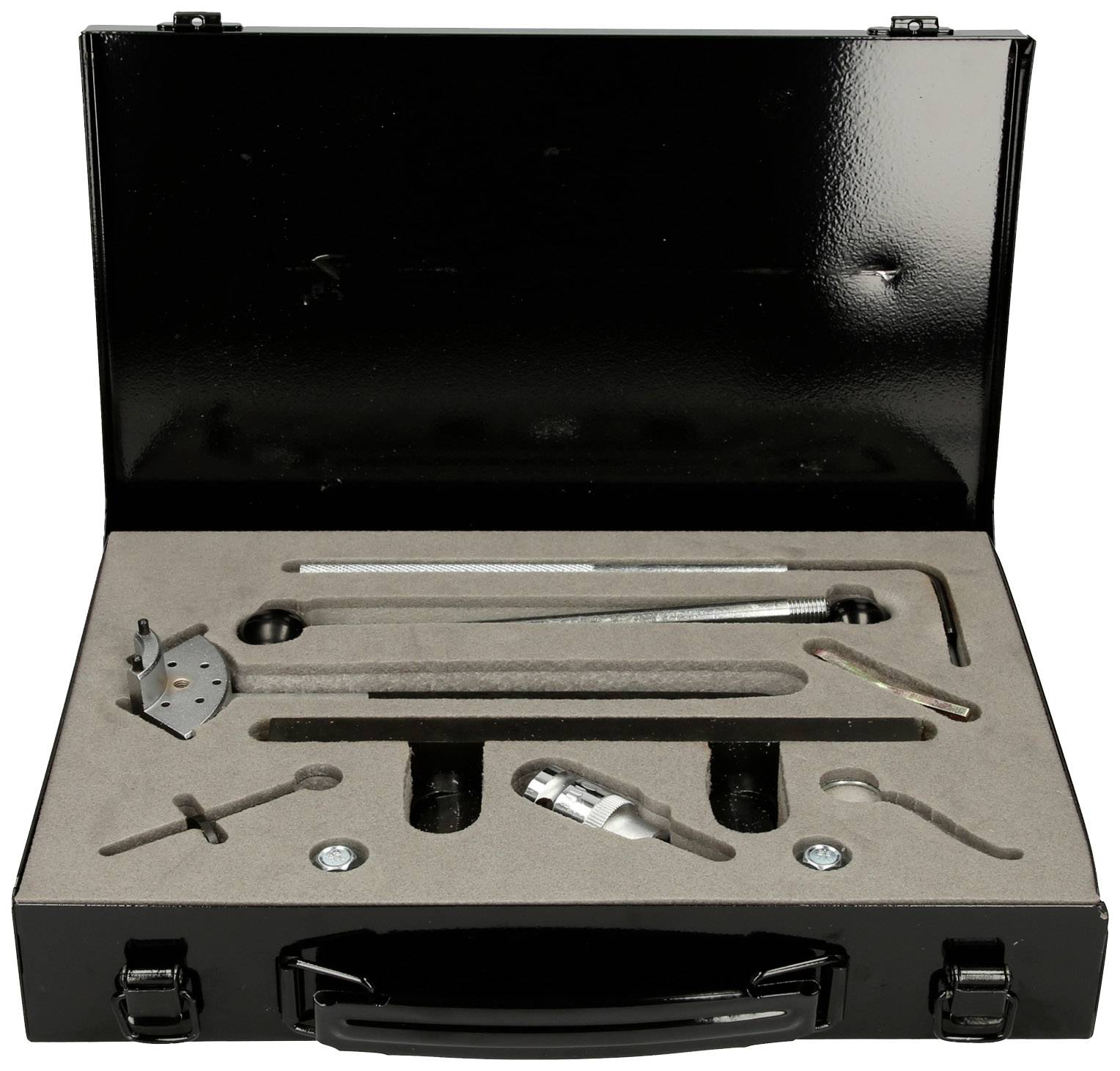 Ein geöffneter schwarzer Koffer enthält verschiedene mechanische Werkzeuge, die sicher in einem Schaumstoff-Inlay platziert sind.