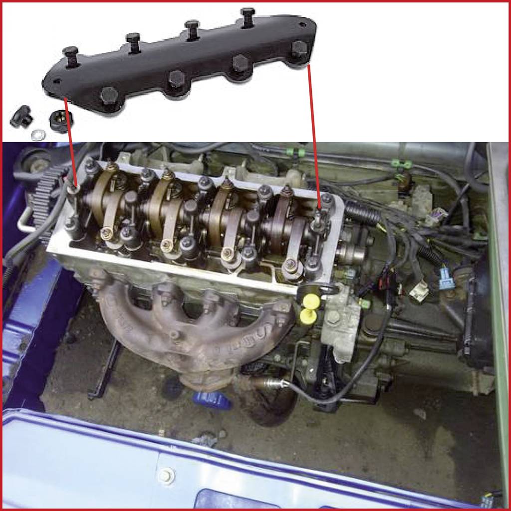 Motorblock mit geöffneter Abdeckung, zeigt Kolben und Kurbelwelle; obere Einblendung der Abdeckung mit Schrauben zur Befestigung.