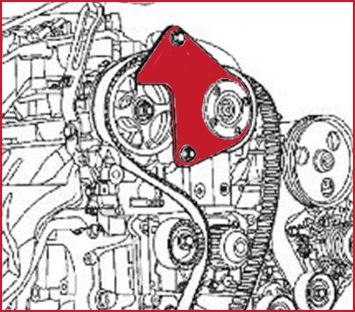 Strichzeichnung eines Motors mit hervorgehobenem roten Bauteil, das an der Vorderseite montiert ist und zur Motorsteuerung beiträgt.