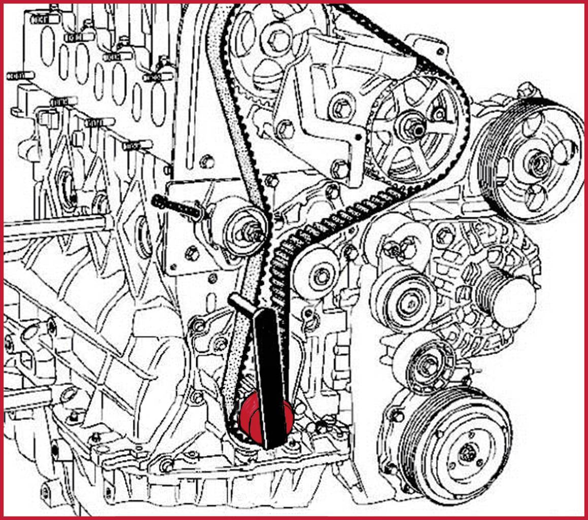 Zeichnung eines Auto-Motors, zeigt Riemenanordnung und Zahnradmechanik. Betont ist ein rotes Element in der unteren Mitte.