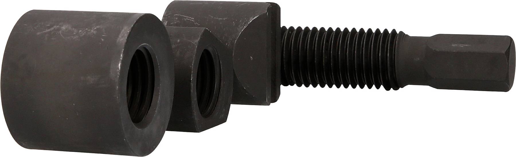 Abzieher-Set aus Metall, bestehend aus zwei zylindrischen Muttern und einer langen Schraube, verwendet zum Entfernen von Lagern.