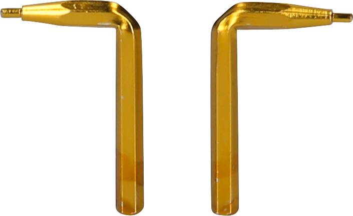 Zwei goldene, winkelförmige Inbusschlüssel nebeneinander auf weißem Hintergrund.
