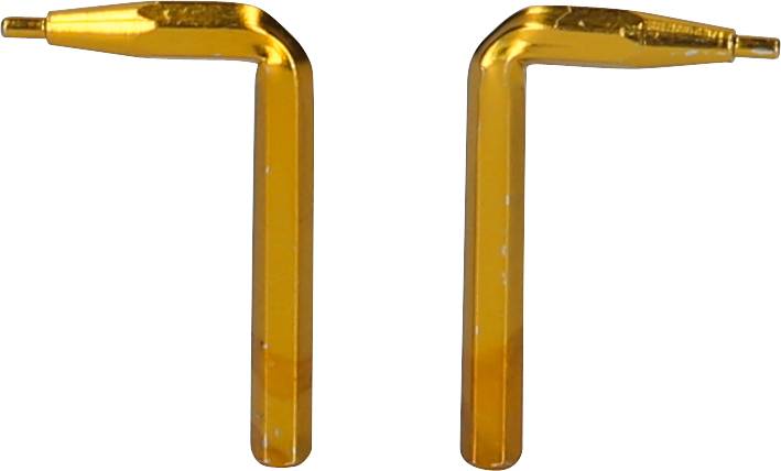 Zwei goldene L-förmige Gegenstände, möglicherweise Werkzeugspitzen oder Adapter, liegen nebeneinander auf weißem Hintergrund.