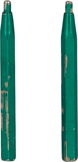 Zwei grüne, abgenutzte Metallstifte stehen aufrecht nebeneinander vor einem weißen Hintergrund.
