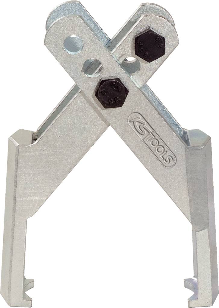 Metallisches Werkzeug mit zwei Armen, die sich kreuzen, und zwei Schrauben. Es ist vermutlich ein Spezialwerkzeug für spezifische Einsätze.