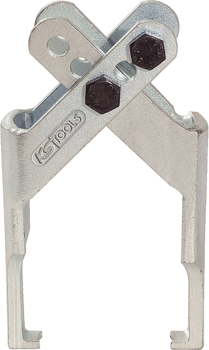 Ein silbernes Werkzeug aus Metall mit zwei beweglichen Hebeln und drei Löchern oben, verstellbar für verschiedene Anwendungen.