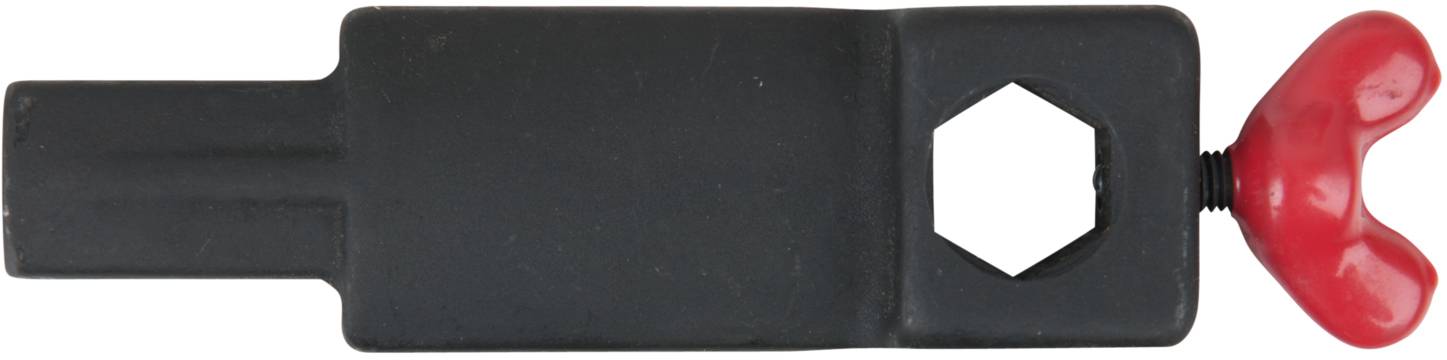 Ein schwarzer Schraubenschlüssel mit einer roten Flügelschraube am Ende.