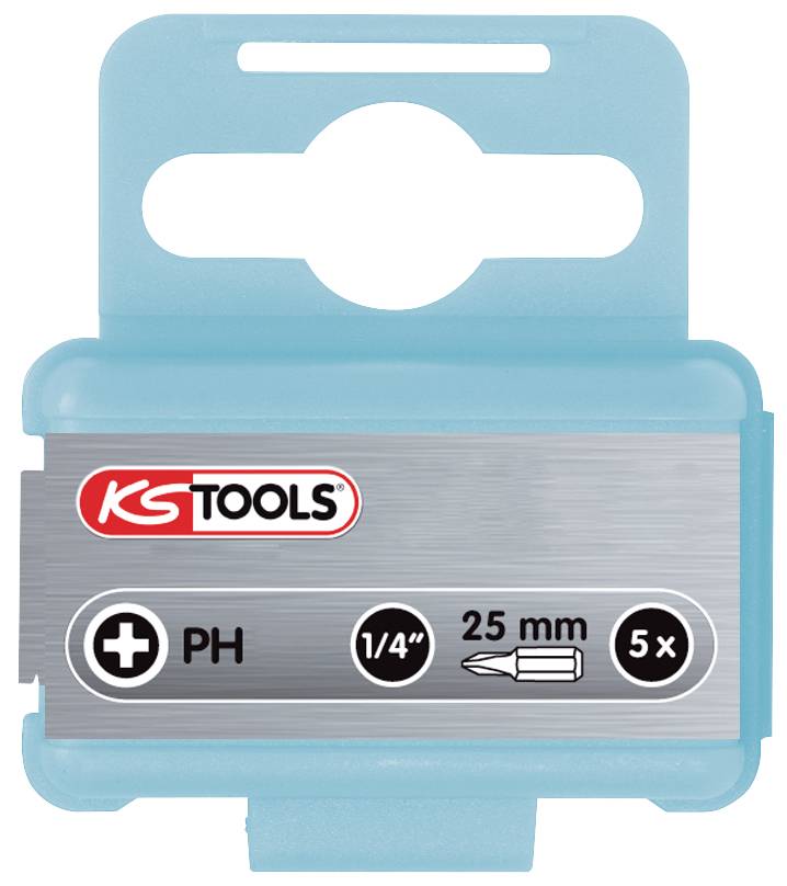 Verpackung mit einer blauen Hülle. Enthält einen PH-Schraubendrehereinsatz, 1/4 Zoll, 25 mm, fünf Stück. Marke 'KS Tools'.