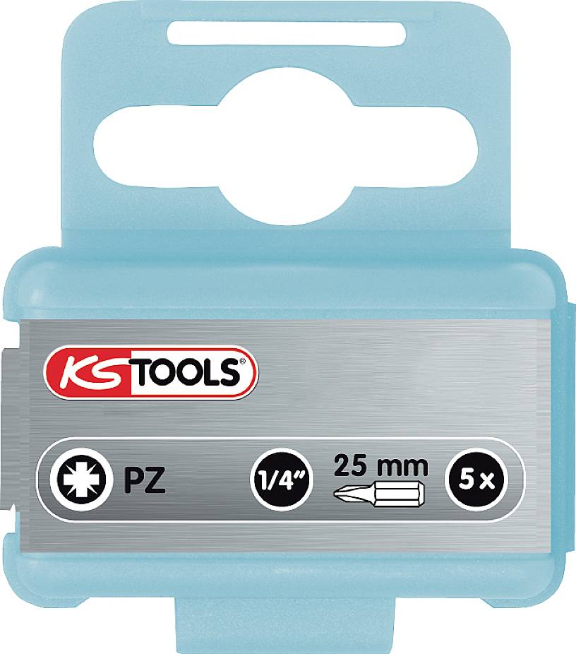 Verpackung einer KS TOOLS PZ-Bit-Satz mit 5 Teilen, 1/4 Zoll Größe, 25 mm Länge. Enthält PZ-Bits für verschiedene Anwendungen.