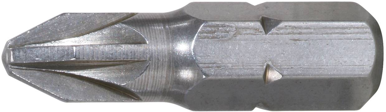 Nahaufnahme eines Kreuzschlitz-Bits, silberfarben, mit einem sechseckigen Ende zum Einspannen in einen Schraubendreher oder Bohrer.