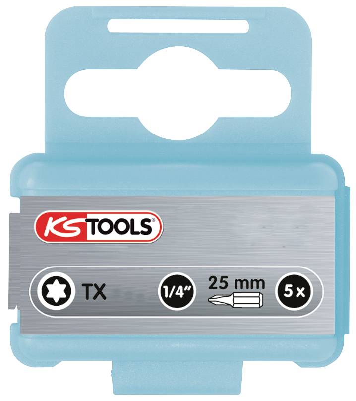 Bild einer Verpackung von KS Tools mit einer Aufnahme von Torx-Bits. Angaben: TX, 1/4