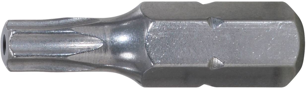 Ein metallischer Torx-Schraubendreher-Bit mit sechszackigem Sternmuster und silberner Oberfläche, passend für Schrauben mit Torx-Kopf.