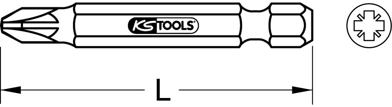 Illustration eines Bits mit Kreuzprofil und sechskantigem Schaft. Markiert mit 'KS Tools'. Länge 'L' angegeben.