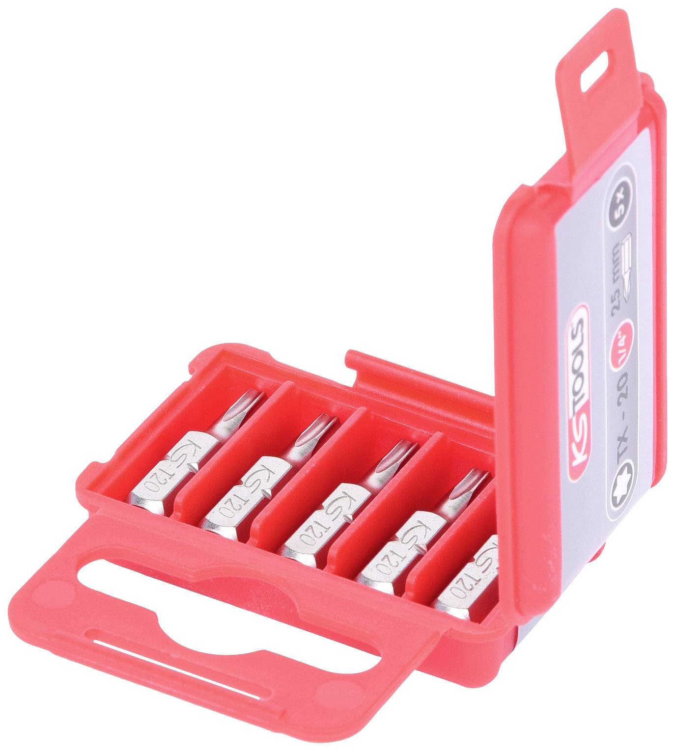 Roter Kunststoffkasten mit offenen Deckel, enthält vier Schraubendreheraufsätze, symmetrisch angeordnet.