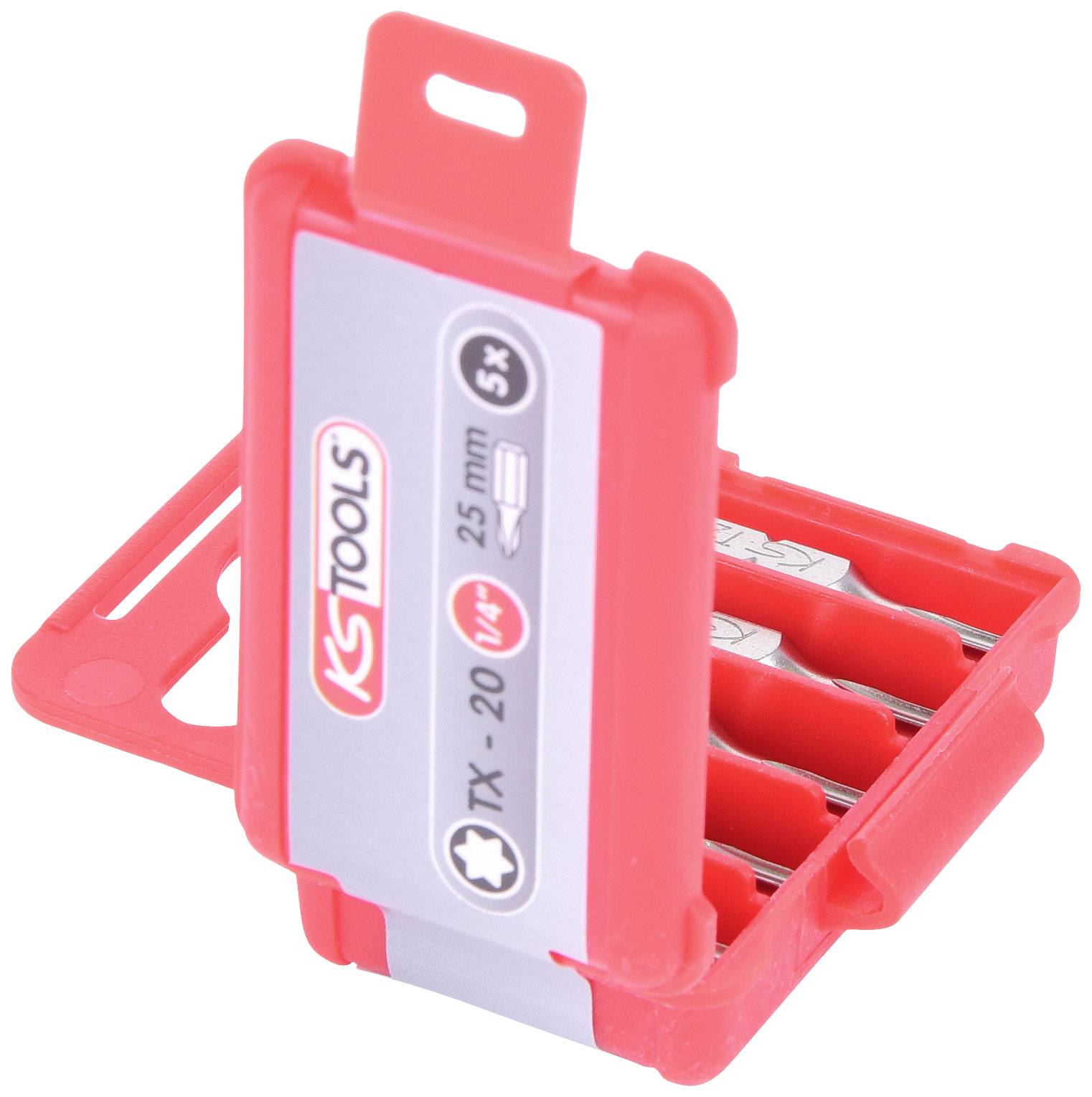 Roter Kunststoffbehälter mit transparentem Deckel, der drei Bits für Schraubendreher enthüllt. Aufschrift: 'KS Tools', '5x', 'TX-20', '25 mm'.